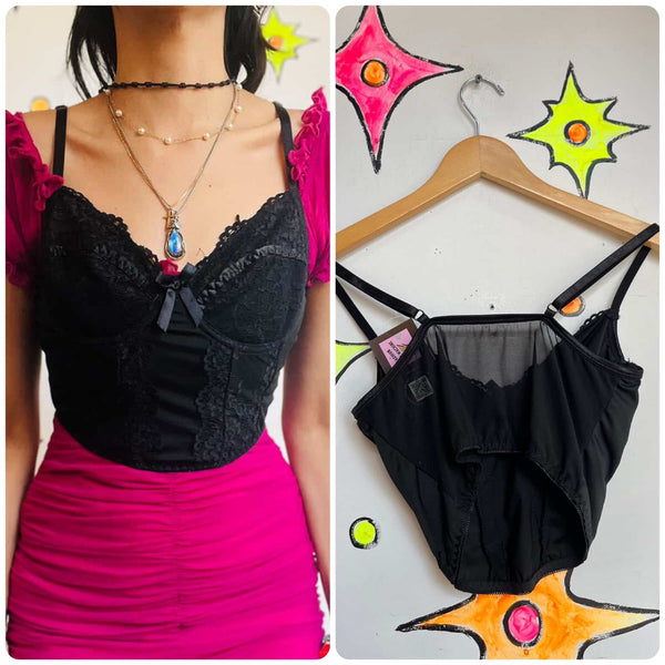 90s Black Lace Cropped Cami - Lingerie Babydoll Bustier Top - Grunge Goth - S