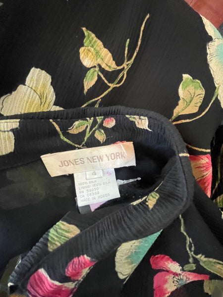 Vintage 90s Express Black Silk Floral Button Up Whimsigoth Dark Romantic M