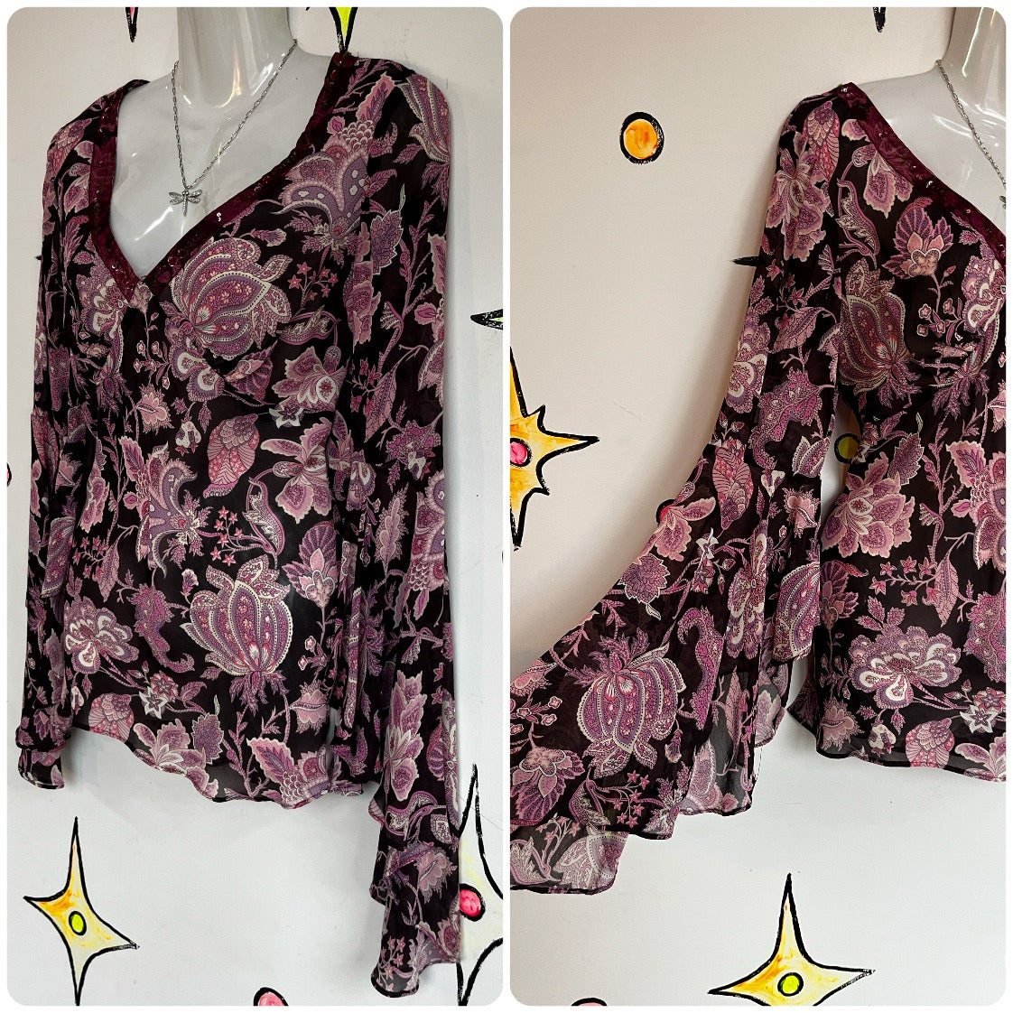 Vintage 90s Y2K | Purple Ruffle Neck Fairy Grunge Goddess Sleeve Emo Boho Top S