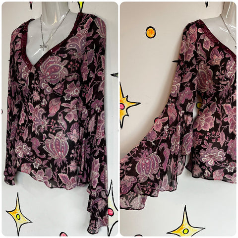 Vintage 90s Y2K | Purple Ruffle Neck Fairy Grunge Goddess Sleeve Emo Boho Top S