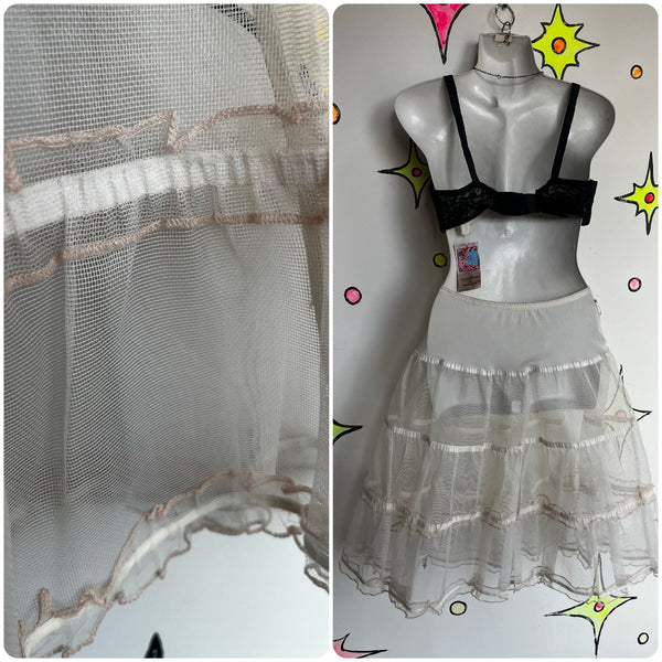 Antique | Crinoline White Pink Ruffle Lace Coquette Goth Babydoll Petticoat Slip