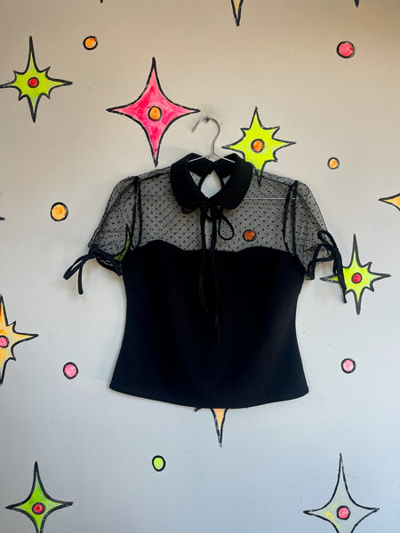 Y2K Black Lace Cropped Blouse – Babydoll Bow Neck Top – Goth Grunge Coquette – L