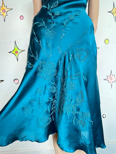 90s Peacock Blue Beaded Slip Dress Mermaidcore Silk-Feel Midi Y2K Grunge Fairy M