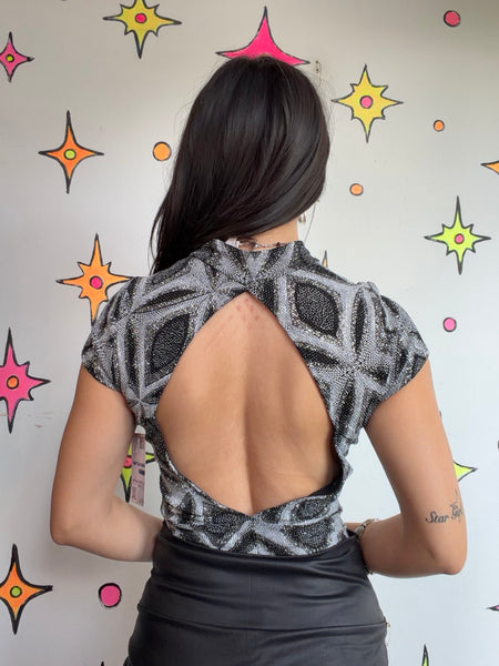 Black & Silver Glam Bodysuit Y2K McBling Party Clubwear Stretch Bodysuit S