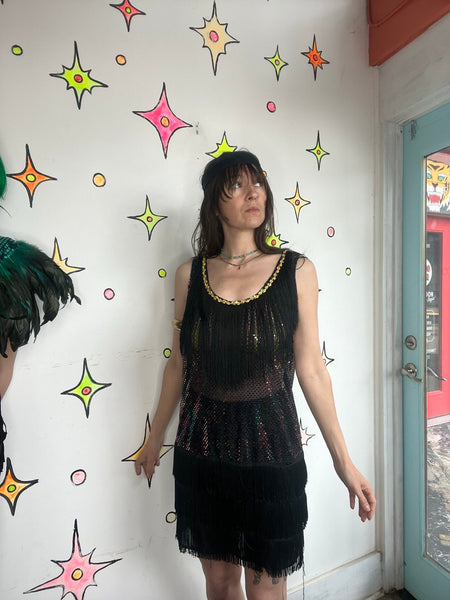 Rainbow Fringe Flapper Dress Metallic 60s GoGo Dancer Party Costume M/L