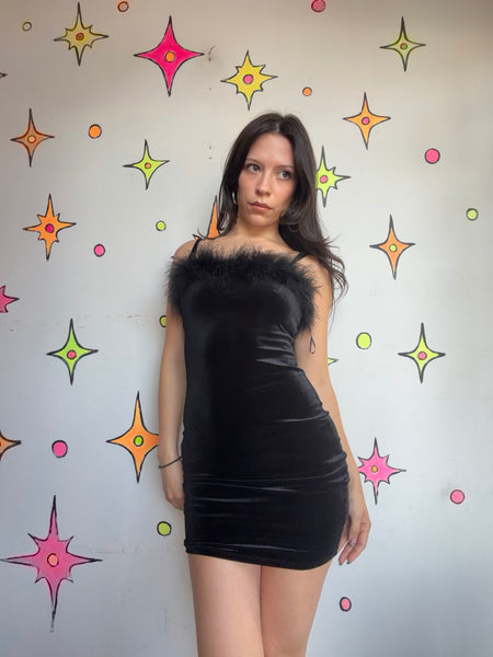Black Velvet Feather Trim Mini Dress Whimsy Goth Glam Hollywood Femme XS