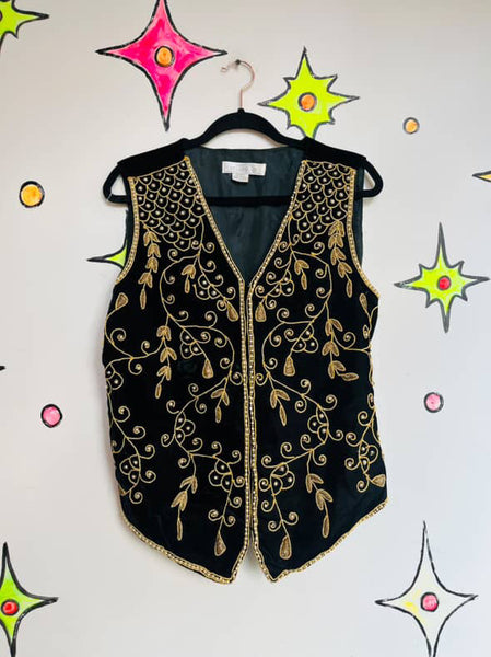 Vintage 80s 90s Black & Gold Embroidered Beaded Velvet Boho Vest - Size L