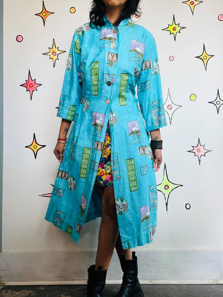 Vintage 1950s- 60s Blue Kimono Geisha Wiggle Tiki Dress - Mid Century - M/L