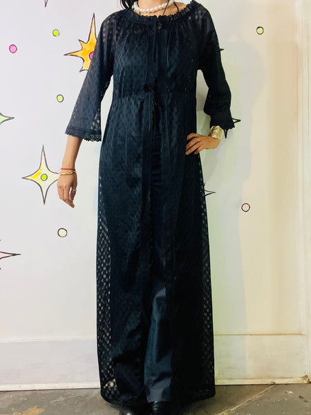 Vintage 70s Black Sheer Lace Night Robe – Scalloped Boho Grunge Whimsy Goth M