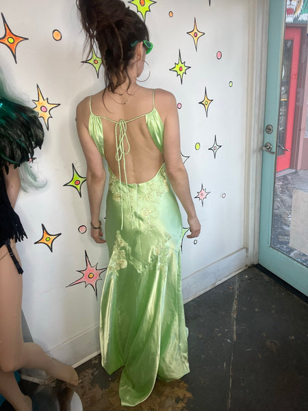 Y2K Pastel Green Satin Beaded Formal Gown Niki Livas Fairycore Prom S
