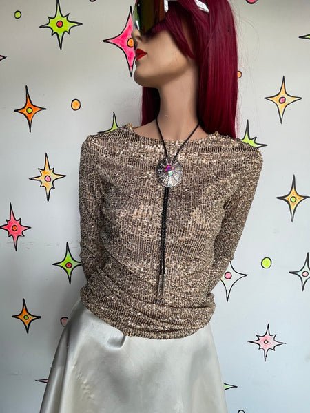 Vintage 90s Y2K Free People Gold Beaded Sequin Top Boho Glam Rockstar M