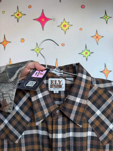 Vintage Western Pearl Snap Shirt Brown Plaid Rodeo Shirt Ely Cattleman Cowboy XL