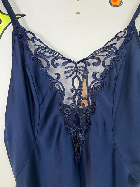 Vintage 90s Y2K Navy Satin Lace Fairy Grunge Slip Lingerie Mini Dress – Lace S