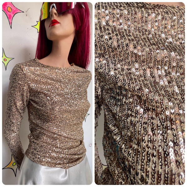 Vintage 90s Y2K Free People Gold Beaded Sequin Top Boho Glam Rockstar M