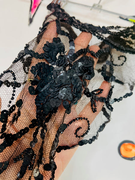 Vintage Victorian Gothic Lace Beaded Mourning Collar - Black Lace Choker
