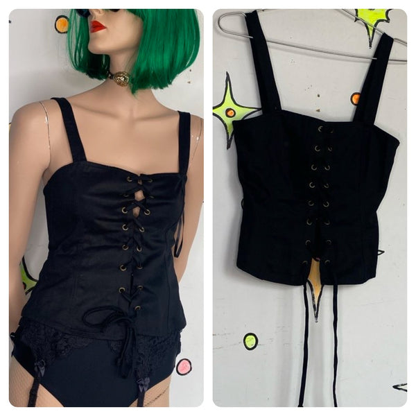 Romantic Black Lace Up Corset Top Y2K Fairy Goth Whimsy Grunge S