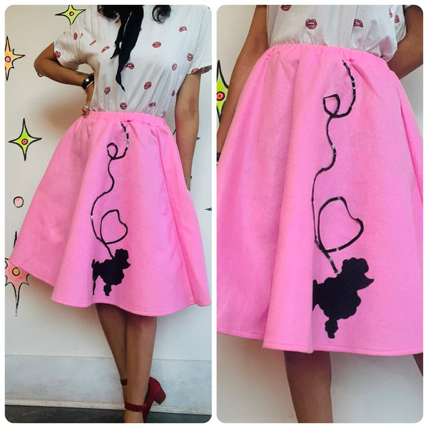 Vintage 50s Style Retro Pink Felt Poodle Skirt | Full Circle Swing Skirt | S