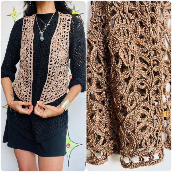 Vintage 90s Tan Pink Crochet Boho Fairy Grunge Vest - Festival Layer - Size M/L