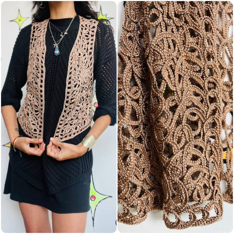 Vintage 90s Tan Pink Crochet Boho Fairy Grunge Vest - Festival Layer - Size M/L