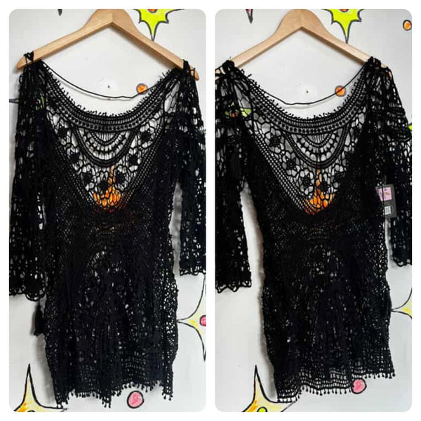 Vintage Black Crochet Mini Dress / Top – Open Back Whimsy Goth Boho Grunge – S M