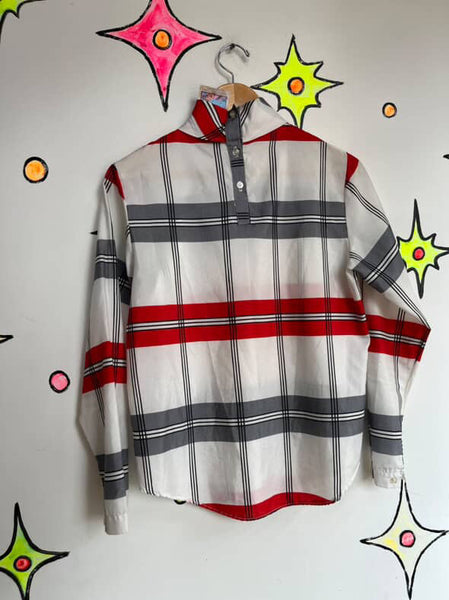 Vintage 70s 80s White & Red Plaid Secretary Blouse - Retro Statement Top - S M