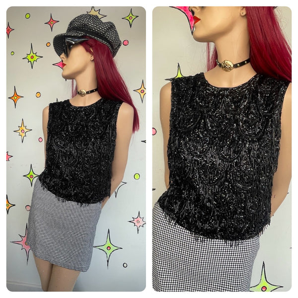 True Vintage 1950s Black Beaded Rayon Top Old Hollywood Glam Goth Luxury M