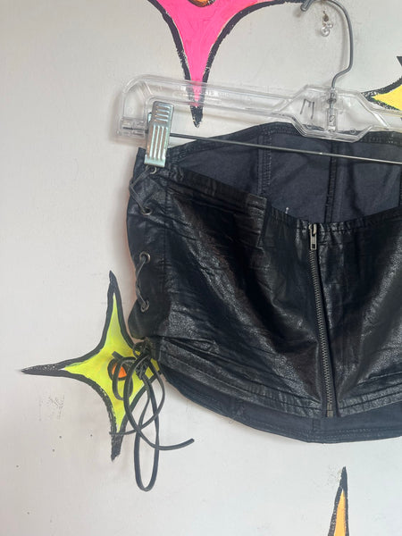Y2K Black Vegan Leather Corset Top Goth Grunge Steampunk Lace Up Bustier M