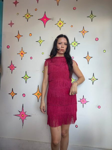 Raspberry Red Fringe Flapper Party Dress Roaring 20s / 60s Go-Go / Western M