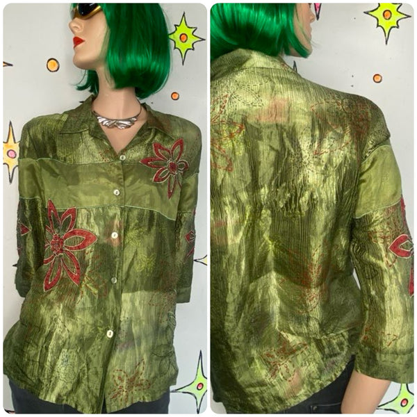 Vintage 90s Silk Crinkle Patchwork Beaded Fairy Boho Blouse Alfred Dunner M/L