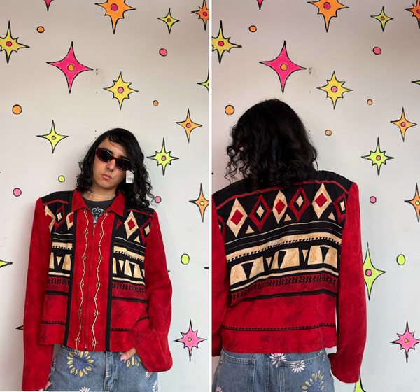 Red Western Blazer 80s Cowboycore Folk Art Jacket Office Siren Glam Statement L