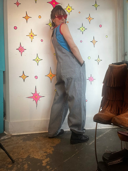 Vintage Dickies Railroad Pinstripe 38x30 Denim Bib Overalls Workwear Grunge XL