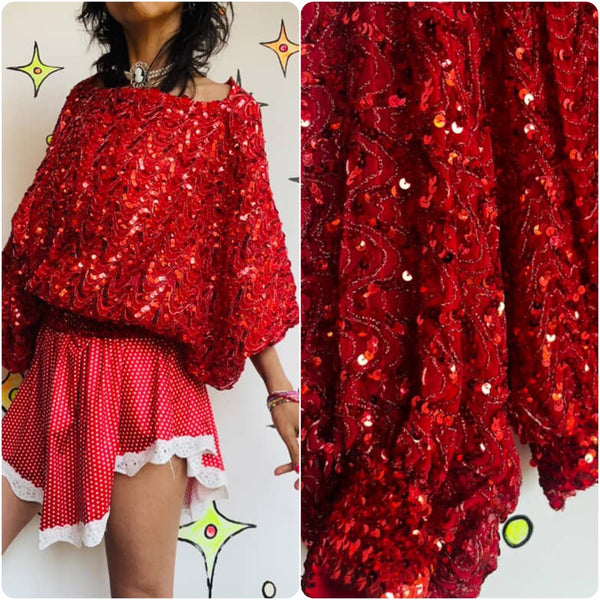 Vintage 70s 80s Red Sequin Disco Glam Clown Dolman Sleeve Blouse Top Free Size
