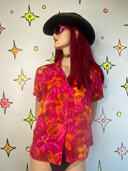 90s Hot Pink Hawaiian Sherbet Print Button Up Blouse Tropical Kitsch Retro L