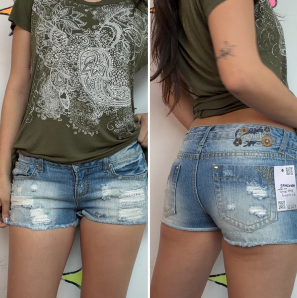 Y2K Bongo Denim Cut Off Shorts McBling Low Rise Distressed Jean Shorts - M