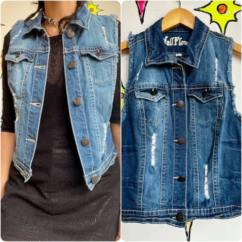 Vintage Y2K | Denim Cropped Vest Punk Grunge Biker Indie Sleaze | Size L
