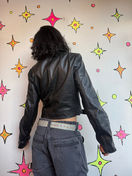 Y2K Black Vegan Leather Moto Jacket Grunge Goth Rocker Biker Jacket M