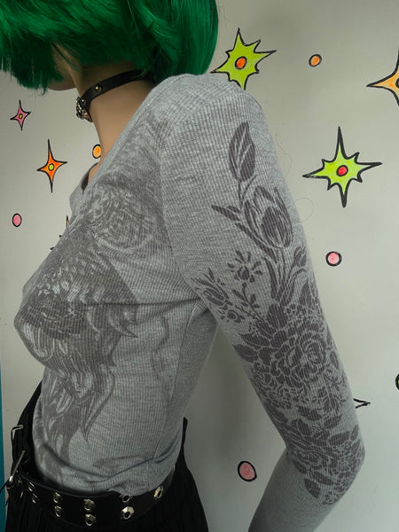 Y2K Long Sleeve Baby Tee Tattoo Print Fairy Grunge Graphic Cyber Streetwear S