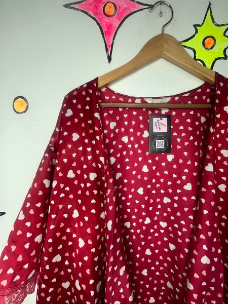 Vintage 90s Y2K Silky Red Hearts Satin Robe Fairy Grunge XL+