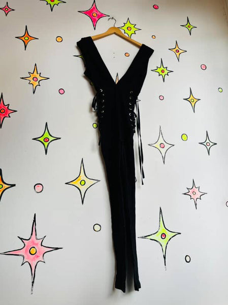 Y2K Black Lace-Up Stretch Catsuit - Fairy Goth Catwoman Layering Piece - S/M