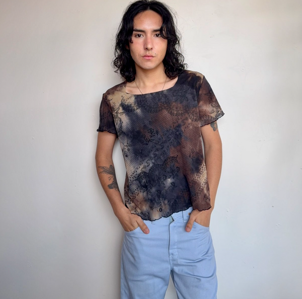 Fairy Grunge Mesh Tattoo Tee Wasteland Thrashed Black Brown Y2K Goth Top LXL