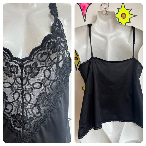 Vintage 70s | Black Lace Pinup Goth Coquette Fairy Grunge Camisol Cami Top | S