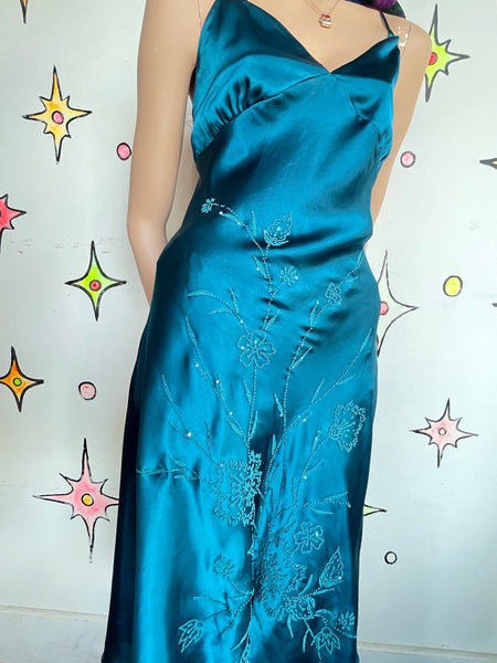 90s Peacock Blue Beaded Slip Dress Mermaidcore Silk-Feel Midi Y2K Grunge Fairy M