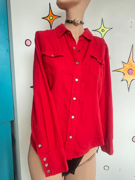 Red Pearl Snap Western Shirt Cowgirl Rodeo Button Up Boho Grunge Cotton Top - L