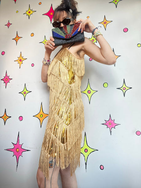 Vintage Gold Fringe Flapper Dress 20s Gatsby Party Mini 60s GoGo Disco Costume M