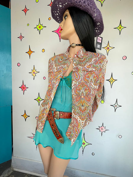 Talbots Paisley Button Up Shirt Rainbow Western Retro Layer Top Boho Vintage M