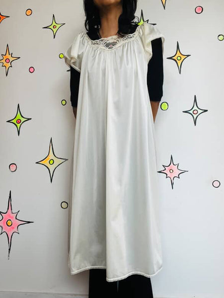 Vintage 70s 80s Off White Babydoll Lace Silky Nighty Gown Grunge Fairy Rococo M