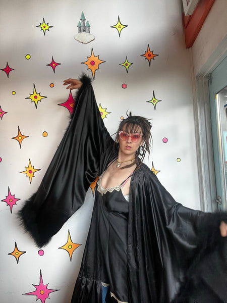 Black Feather Trim Decadent Robe Pin Up Boudoir Lingerie Old Hollywood Glam