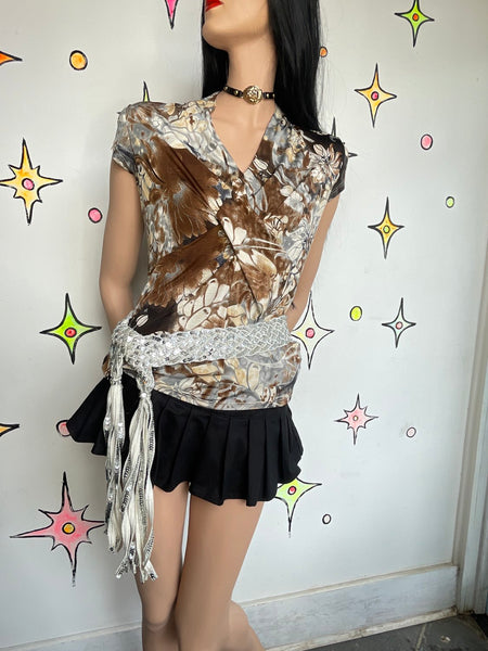 Y2K Metallic Silver Fringe Belt Western Glam Boho Disco Statement Sash / Scarf