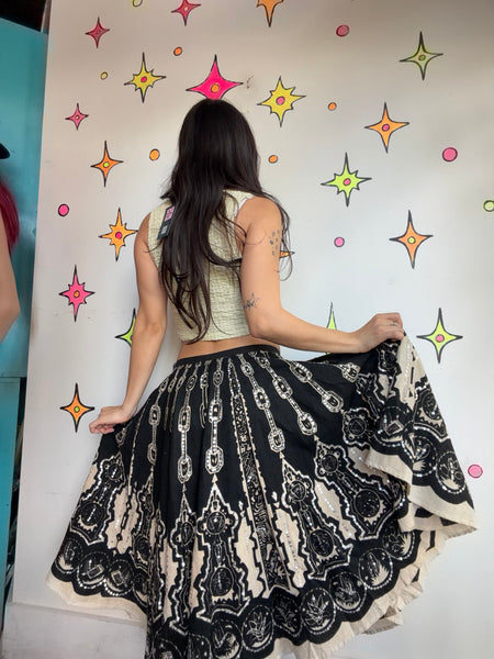 Vintage Cotton Whimsy Goth Circle Skirt Beaded Twirl Skirt Boho Fairy Grunge M