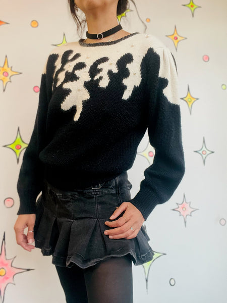 Vintage 80s Black Fuzzy Sweater Beaded Pearls | Whimsy Goth Cute Pullover M